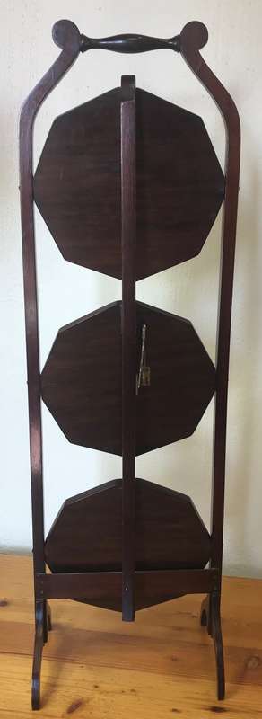 EDWARDIAN 3-TIER MAHOGANY INLAID FOLDING CAKE STAND ANTIQUE TEA c1910 ELEGANT!!!
