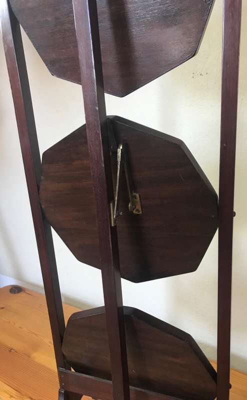EDWARDIAN 3-TIER MAHOGANY INLAID FOLDING CAKE STAND ANTIQUE TEA c1910 ELEGANT!!!