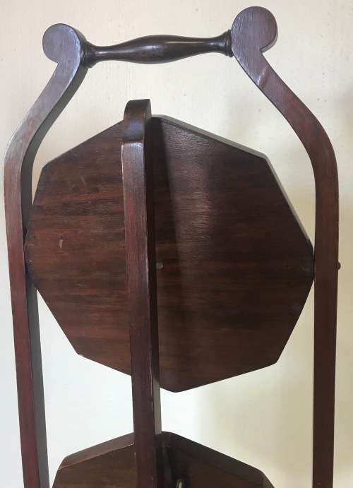 EDWARDIAN 3-TIER MAHOGANY INLAID FOLDING CAKE STAND ANTIQUE TEA c1910 ELEGANT!!!