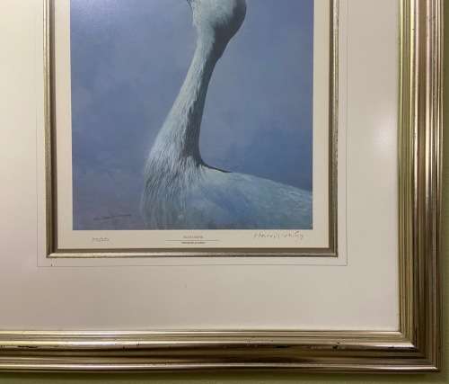 AWESOME BLUE CRANE 1993 SIGNED LIMITED EDITION PRINT 275/350 RAY HARRIS-CHING NEW ZEALAND ARTIST