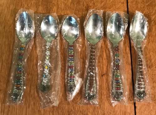 AFRICAN BEADED HANDLE STAINLESS STEEL TEASPOONS SET x 6 - 2 Slightly smaller....Stunning patterns!!!