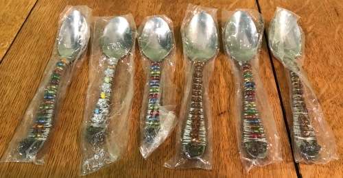 AFRICAN BEADED HANDLE STAINLESS STEEL TEASPOONS SET x 6 - 2 Slightly smaller....Stunning patterns!!!
