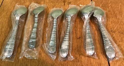 AFRICAN BEADED HANDLE STAINLESS STEEL TEASPOONS SET x 6 - 2 Slightly smaller....Stunning patterns!!!