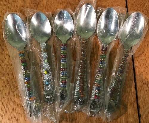 AFRICAN BEADED HANDLE STAINLESS STEEL TEASPOONS SET x 6 - 2 Slightly smaller....Stunning patterns!!!