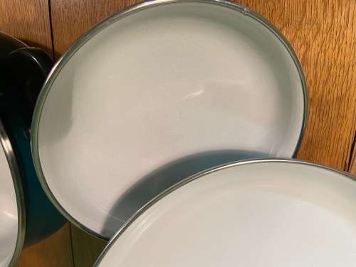 ENAMEL ENAMELLED GREEN POTS & PAN - 7 piece - SET of 4 with 3 LIDS - BELLISSMO by EMO - STUNNING