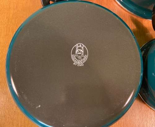 ENAMEL ENAMELLED GREEN POTS & PAN - 7 piece - SET of 4 with 3 LIDS - BELLISSMO by EMO - STUNNING
