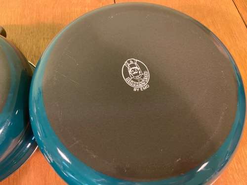 ENAMEL ENAMELLED GREEN POTS & PAN - 7 piece - SET of 4 with 3 LIDS - BELLISSMO by EMO - STUNNING