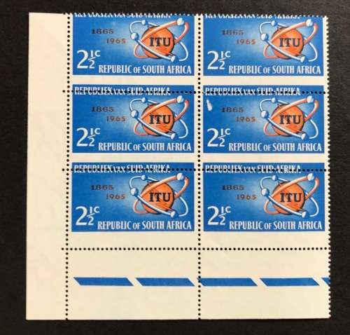 REPUBLIC of SOUTH AFRICA I.T.U. CENTENARY 1965 SACC250 VARIETY / FLAW PERF SHIFT BLK of 6 UM