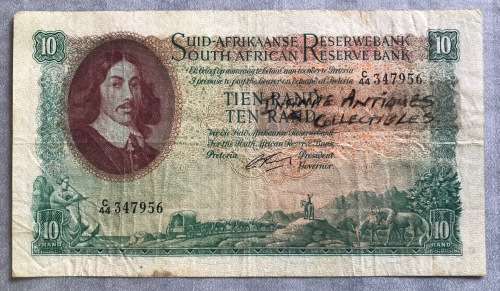 R10 SOUTH AFRICA BANKNOTE 1962-65 JAN VAN RIEBEECK SA RESERVE BANK TIEN RAND G. RISSIK C44 347956