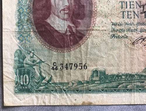 R10 SOUTH AFRICA BANKNOTE 1962-65 JAN VAN RIEBEECK SA RESERVE BANK TIEN RAND G. RISSIK C44 347956