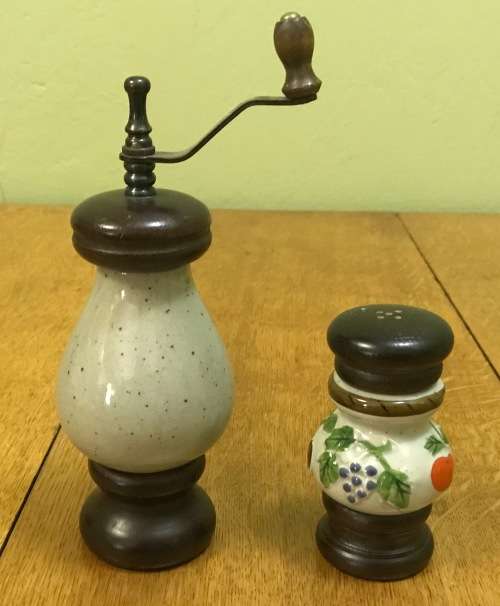 SALT SHAKER & PEPPER GRINDER - CERAMIC & WOOD - FLOWERS & FRUIT - NICE!!!!!