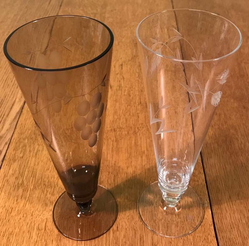 COCKTAIL / BEER / PILSENER GLASSES - GRAPES & WHEAT PATTERNS - 1 Brown & 1 Clear - STUNNING!!!