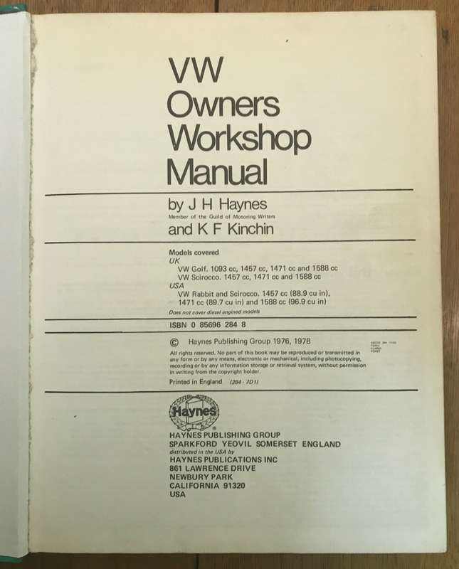 VW GOLF & SCIROCCO OWNERS WORKSHOP MANUAL 1974-78- Author HAYNES & KINCHIN - HAYNES Publishing