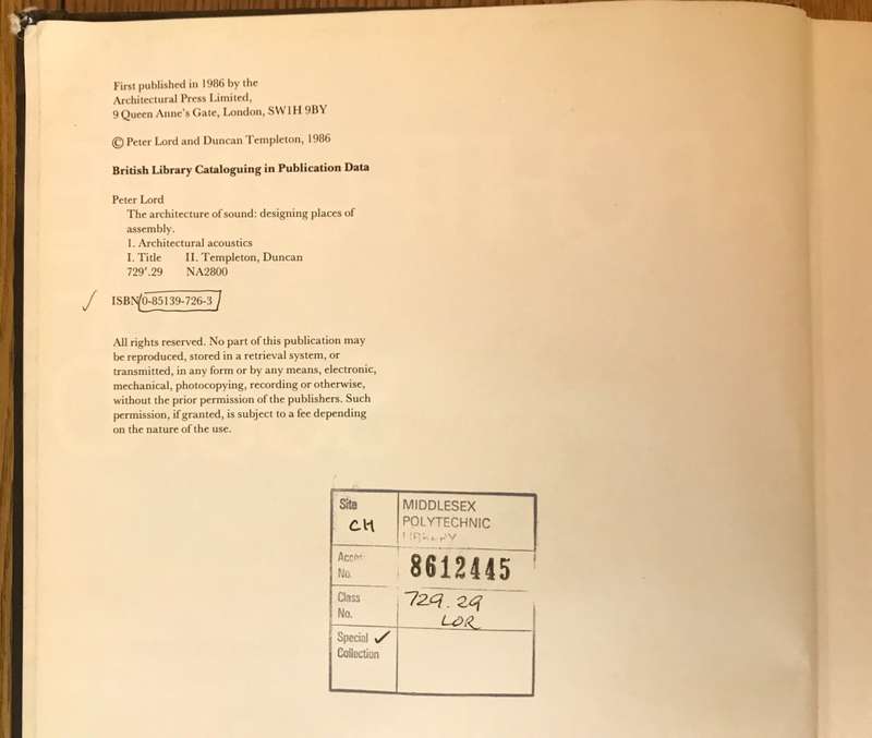 THE ARCHITECTURE OF SOUND - DESIGNING PLACES OF ASSEMBLY - PETER LORD - DUNCAN TEMPLETON - 1986.