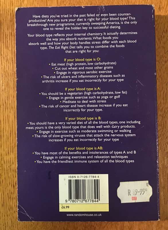 THE EAT RIGHT DIET DR. PETER D`ADAMO with KATHERINE WHITNEY 1998 SOLUTION to STAYING HEALTHY - b.