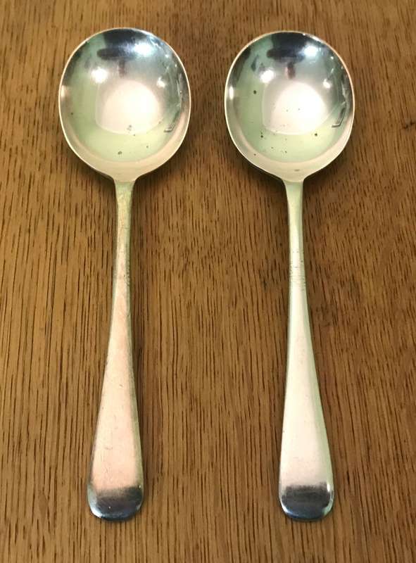 LARKO EPNS quality SOUP SPOONS x 2, EPNS A ELECTRO-PLATED NICKEL SILVER, 7 DWTS doz. Made in England