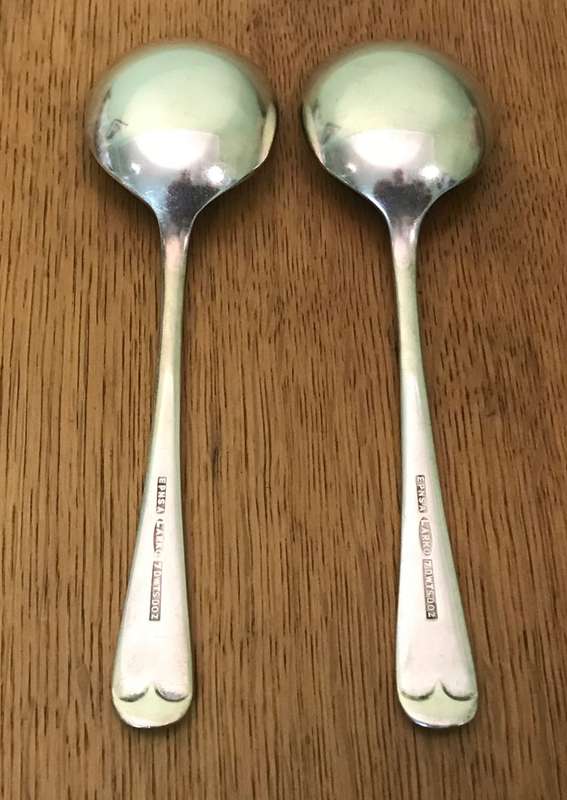 LARKO EPNS quality SOUP SPOONS x 2, EPNS A ELECTRO-PLATED NICKEL SILVER, 7 DWTS doz. Made in England