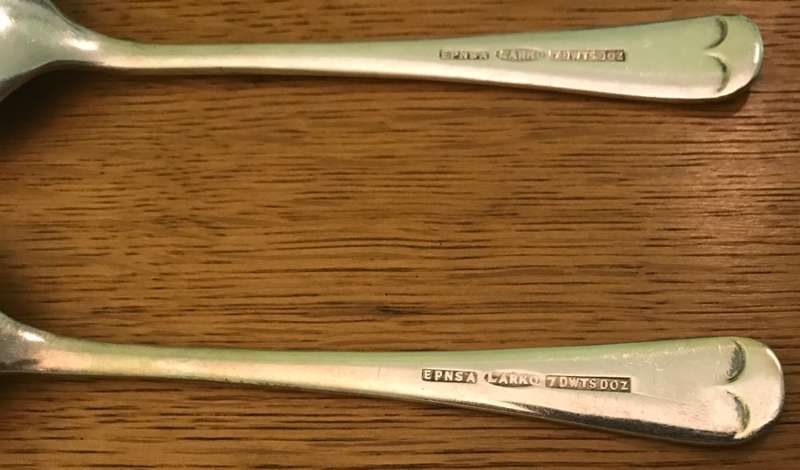 LARKO EPNS quality SOUP SPOONS x 2, EPNS A ELECTRO-PLATED NICKEL SILVER, 7 DWTS doz. Made in England