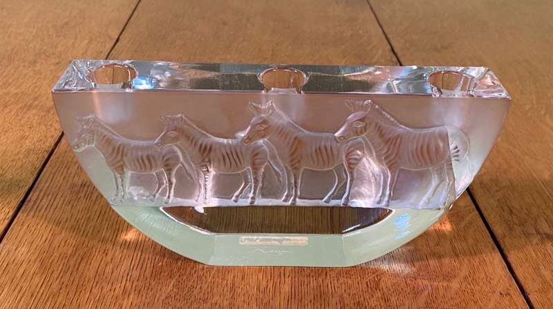 NACHTMANN LEAD CRYSTAL TRIPLE GLASS CANDLESTICK HOLDER - SAFARI SERIES- ZEBRA MOTIF - GERMANY CANDLE