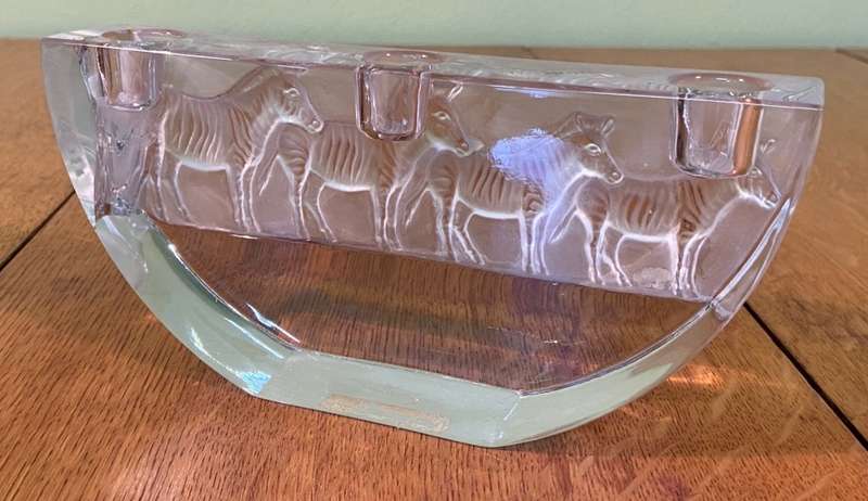 NACHTMANN LEAD CRYSTAL TRIPLE GLASS CANDLESTICK HOLDER - SAFARI SERIES- ZEBRA MOTIF - GERMANY CANDLE