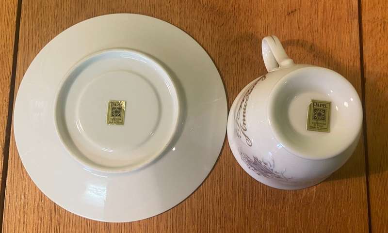 PAPEL - CALIFORNIA - TEA DUO x 1 - CUP - SAUCER - Gilted "HAPPY ANNIVERSARY" & belle - Made in Japan