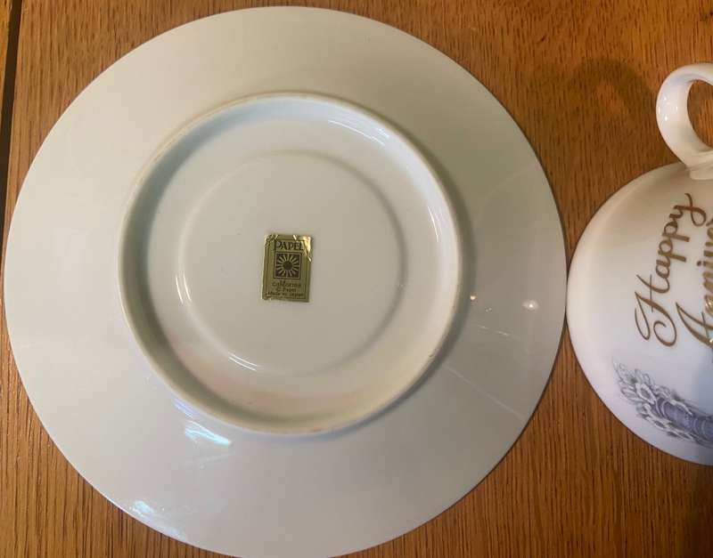 PAPEL - CALIFORNIA - TEA DUO x 1 - CUP - SAUCER - Gilted "HAPPY ANNIVERSARY" & belle - Made in Japan