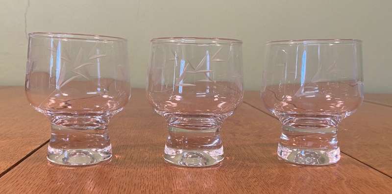 3 x small Footed Drinking Glasses  - Tumbler - Goblet - Wheat pattern.
