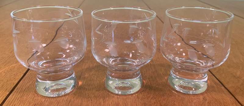 3 x small Footed Drinking Glasses  - Tumbler - Goblet - Wheat pattern.