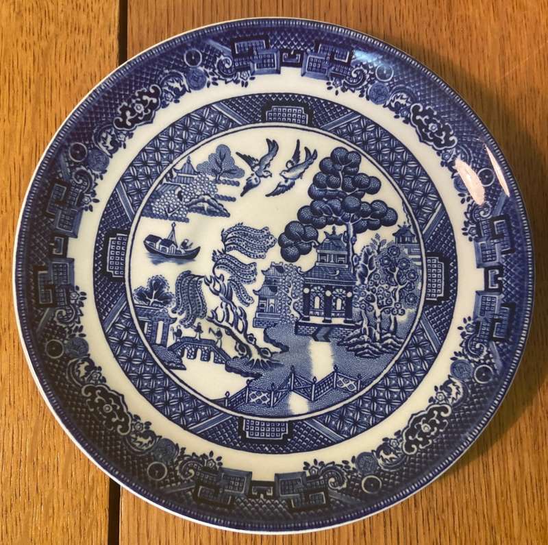 JOHNSON BROTHERS - 2 x SAUCERS - BLUE & WHITE - WILLOW PATTERN - BIRDS - BOATS - BRIDGE - TREES.