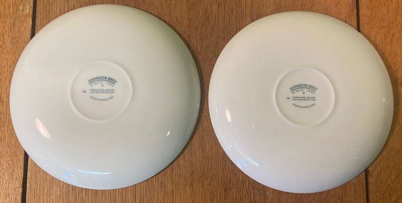 JOHNSON BROTHERS - 2 x SAUCERS - BLUE & WHITE - WILLOW PATTERN - BIRDS - BOATS - BRIDGE - TREES.