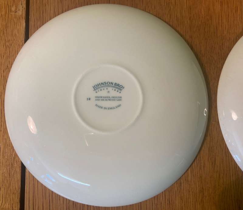JOHNSON BROTHERS - 2 x SAUCERS - BLUE & WHITE - WILLOW PATTERN - BIRDS - BOATS - BRIDGE - TREES.