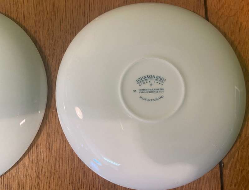 JOHNSON BROTHERS - 2 x SAUCERS - BLUE & WHITE - WILLOW PATTERN - BIRDS - BOATS - BRIDGE - TREES.