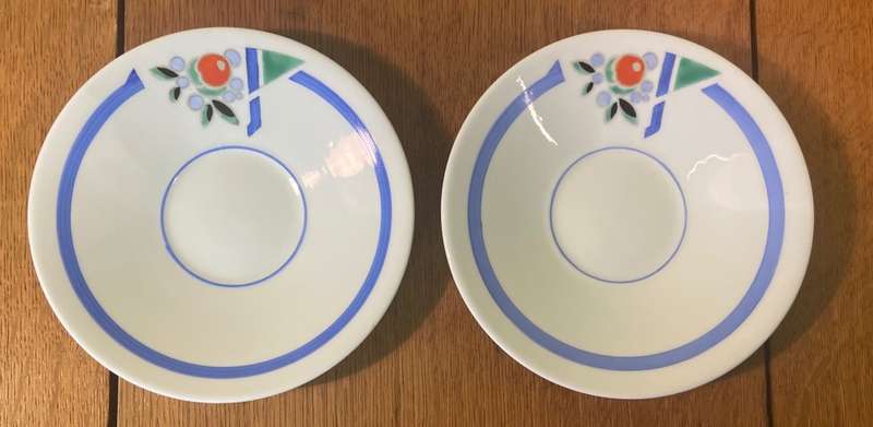 SHELLEY - 2 x SAUCERS - 11755 - ART DECO - MULTICOLOURED - TRUNCATED J MODE - ERIC SLATER DESIGN.