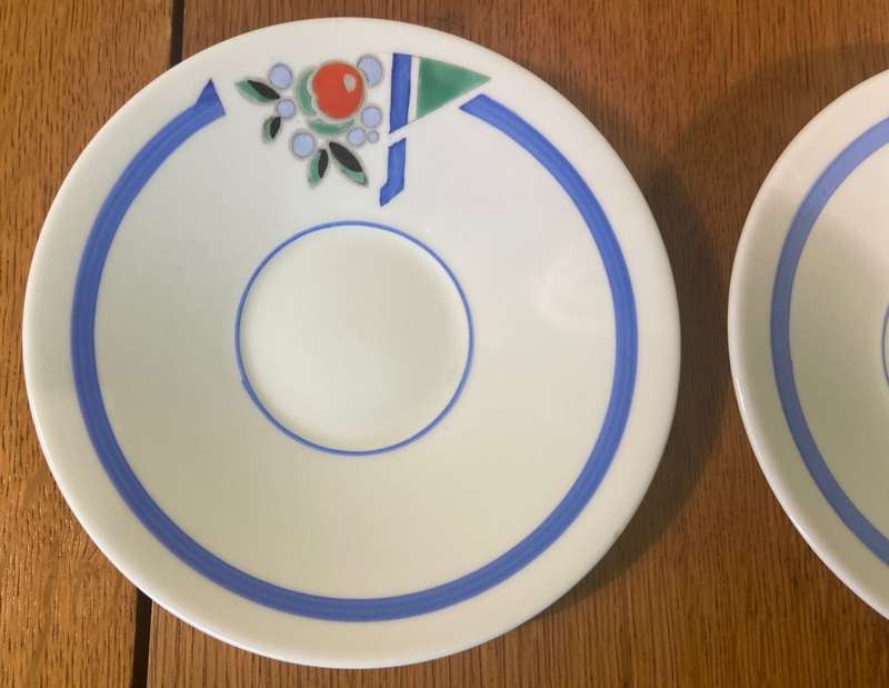SHELLEY - 2 x SAUCERS - 11755 - ART DECO - MULTICOLOURED - TRUNCATED J MODE - ERIC SLATER DESIGN.
