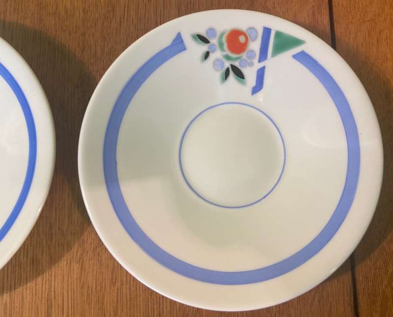 SHELLEY - 2 x SAUCERS - 11755 - ART DECO - MULTICOLOURED - TRUNCATED J MODE - ERIC SLATER DESIGN.