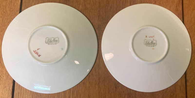 SHELLEY - 2 x SAUCERS - 11755 - ART DECO - MULTICOLOURED - TRUNCATED J MODE - ERIC SLATER DESIGN.