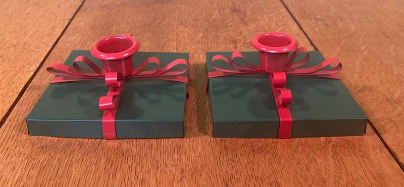 CANDLE HOLDERS PAIR (2) - SQUARE METAL PAINTED RED & GREEN.