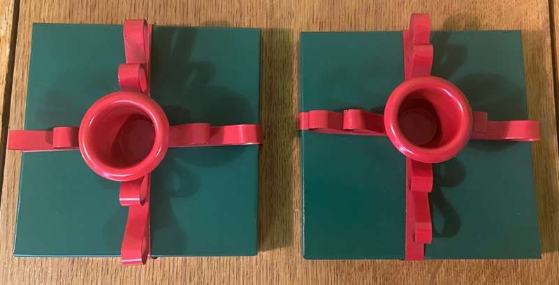 CANDLE HOLDERS PAIR (2) - SQUARE METAL PAINTED RED & GREEN.