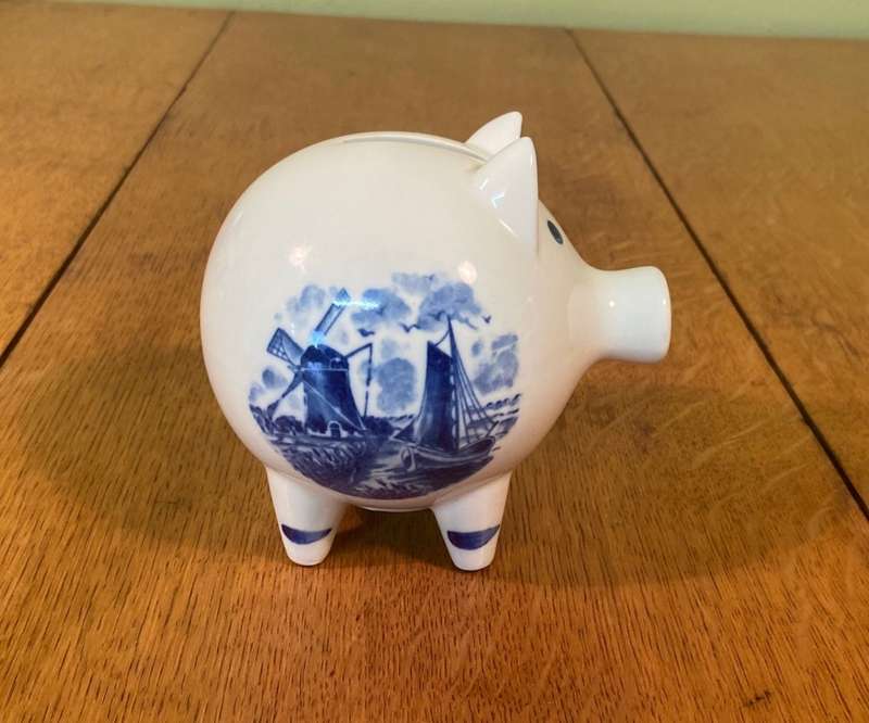 PIGGY BANK - BLUE & WHITE - DUTCH WINDMILL & SAIL BOAT - No stopper unerneath.