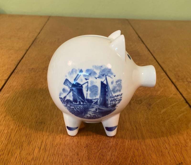PIGGY BANK - BLUE & WHITE - DUTCH WINDMILL & SAIL BOAT - No stopper unerneath.