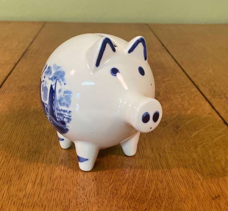 PIGGY BANK - BLUE & WHITE - DUTCH WINDMILL & SAIL BOAT - No stopper unerneath.
