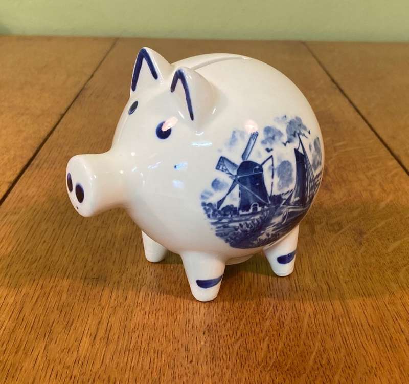 PIGGY BANK - BLUE & WHITE - DUTCH WINDMILL & SAIL BOAT - No stopper unerneath.