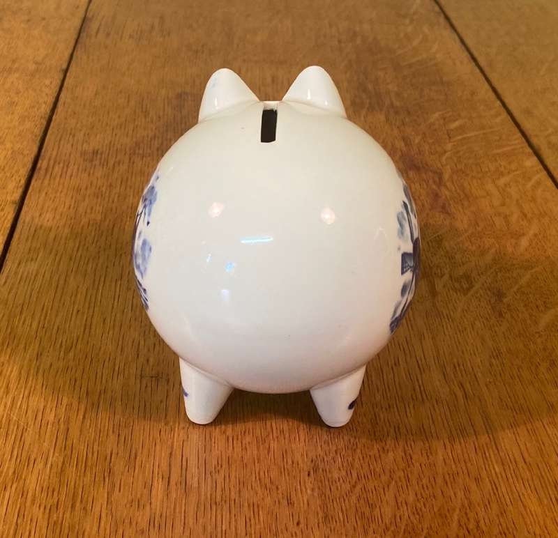 PIGGY BANK - BLUE & WHITE - DUTCH WINDMILL & SAIL BOAT - No stopper unerneath.