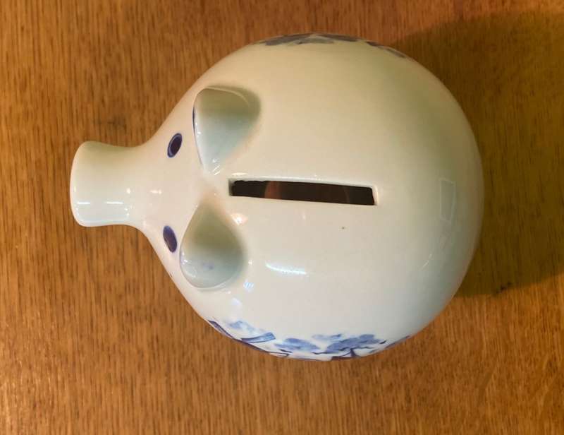 PIGGY BANK - BLUE & WHITE - DUTCH WINDMILL & SAIL BOAT - No stopper unerneath.