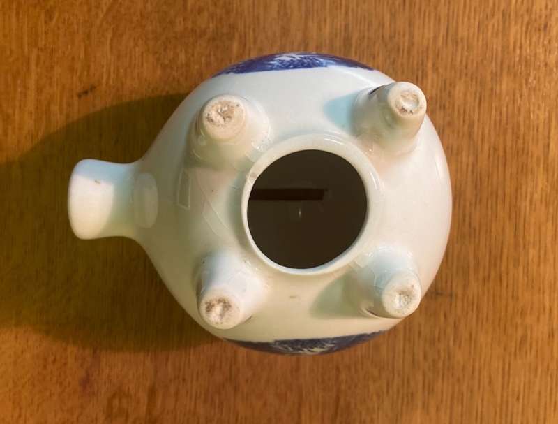 PIGGY BANK - BLUE & WHITE - DUTCH WINDMILL & SAIL BOAT - No stopper unerneath.