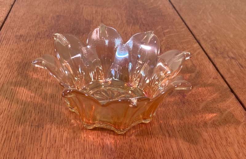 CARNIVAL GLASS STAR SHAPED BOWL.