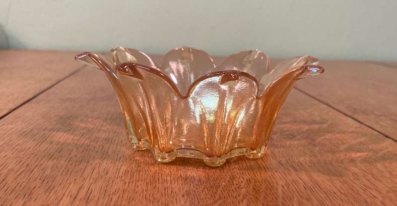 CARNIVAL GLASS STAR SHAPED BOWL.
