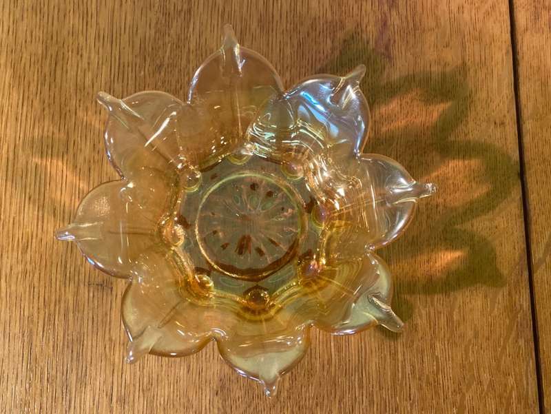 CARNIVAL GLASS STAR SHAPED BOWL.