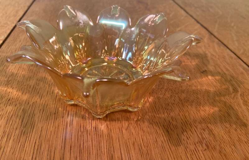 CARNIVAL GLASS STAR SHAPED BOWL.