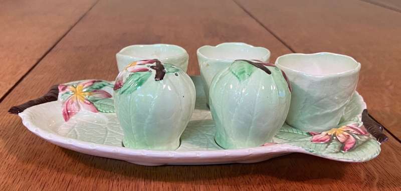 CARLTON WARE CARLTONWARE Green 'Apple Blossom' Egg Cups Salt & Pepper shakers Stand c1938 Australian